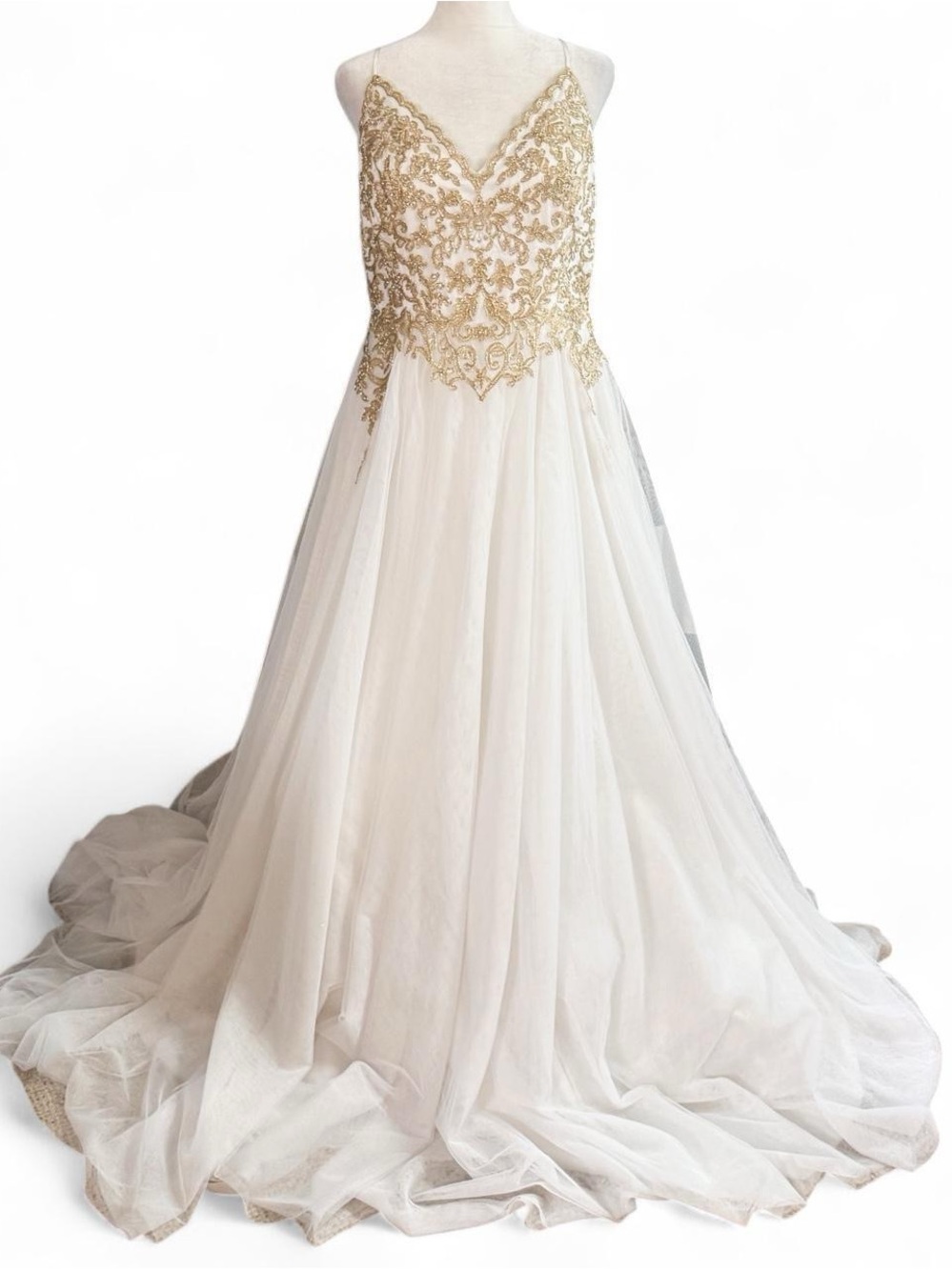 Say Yes to the Prom White & Gold Embellished Lace-Up Back Prom Dress Size 15